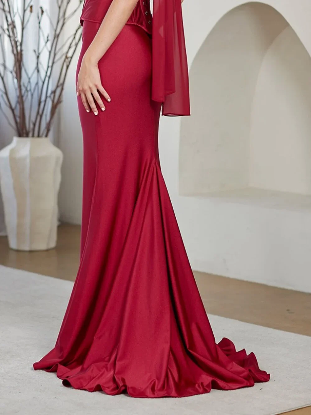 New Burgundy Elegant Two Piece Set Gown w/ Matching Scarf & Scoop Neck AC JQ1105